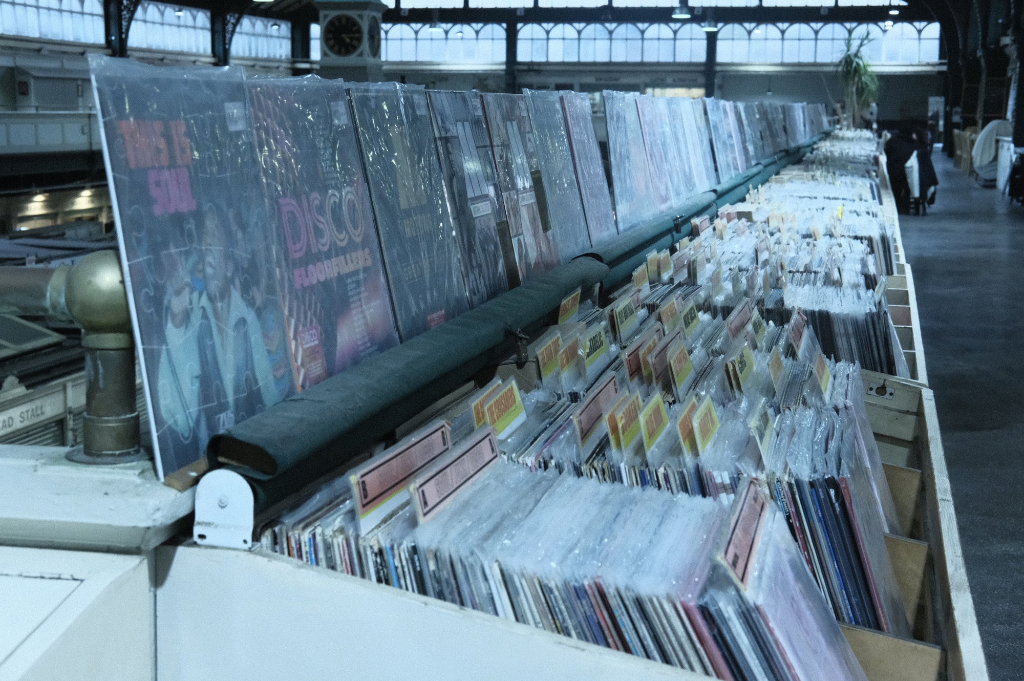 Crates of vinyl records on the market balcony in Cardiff